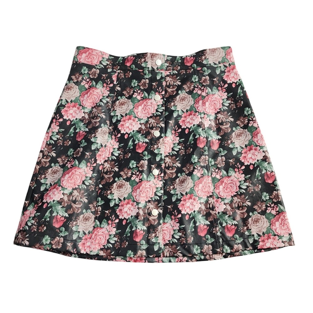 ModCloth A-Line Skirt Womens 10 Black Floral New Faux Leather Mini Skirt